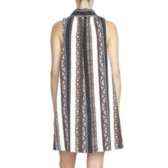 1.State Tie Neck Striped Boho Printed Sleeveless Swing Shift Dress Chalk S - Picture 12 of 12